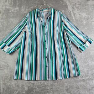 Catherines Shirt Womens 0X 14/16W‎ Green Beige Blue Striped 3/4 Cuffed Sleeve